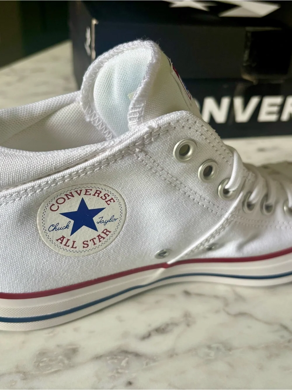Converse White Mid-Top Sneakers with Blue Star and Red Stripe - Picture 3 of 6